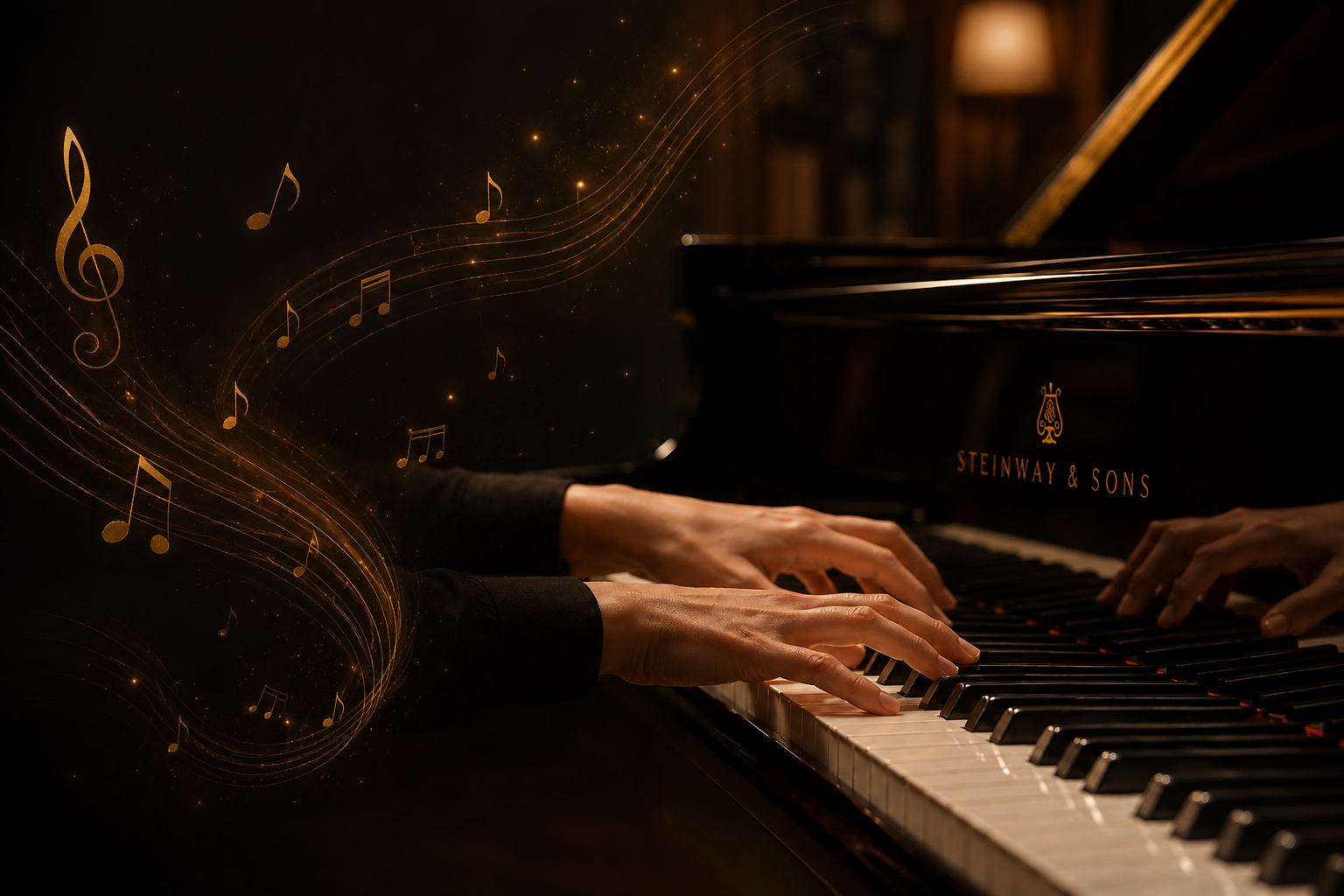 Hands performing on a Steinway grand piano